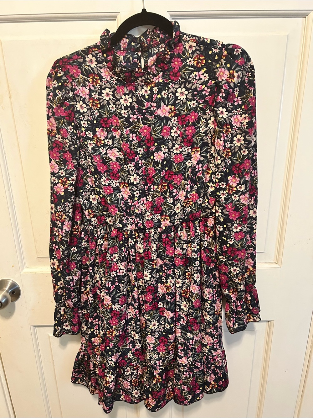 Women's Navy Floral Long-Sleeve High-Neck Dress